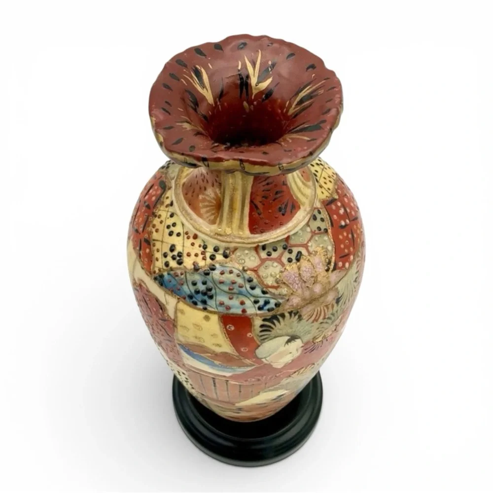 Antique Kyoto Satsuma Japanese Vase Earthenware Ruffle Top Moriage Figural